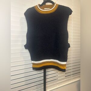 Chloe Stora Paris Black Sleeveless V-Neck Sweater Vest with Mustard and White
